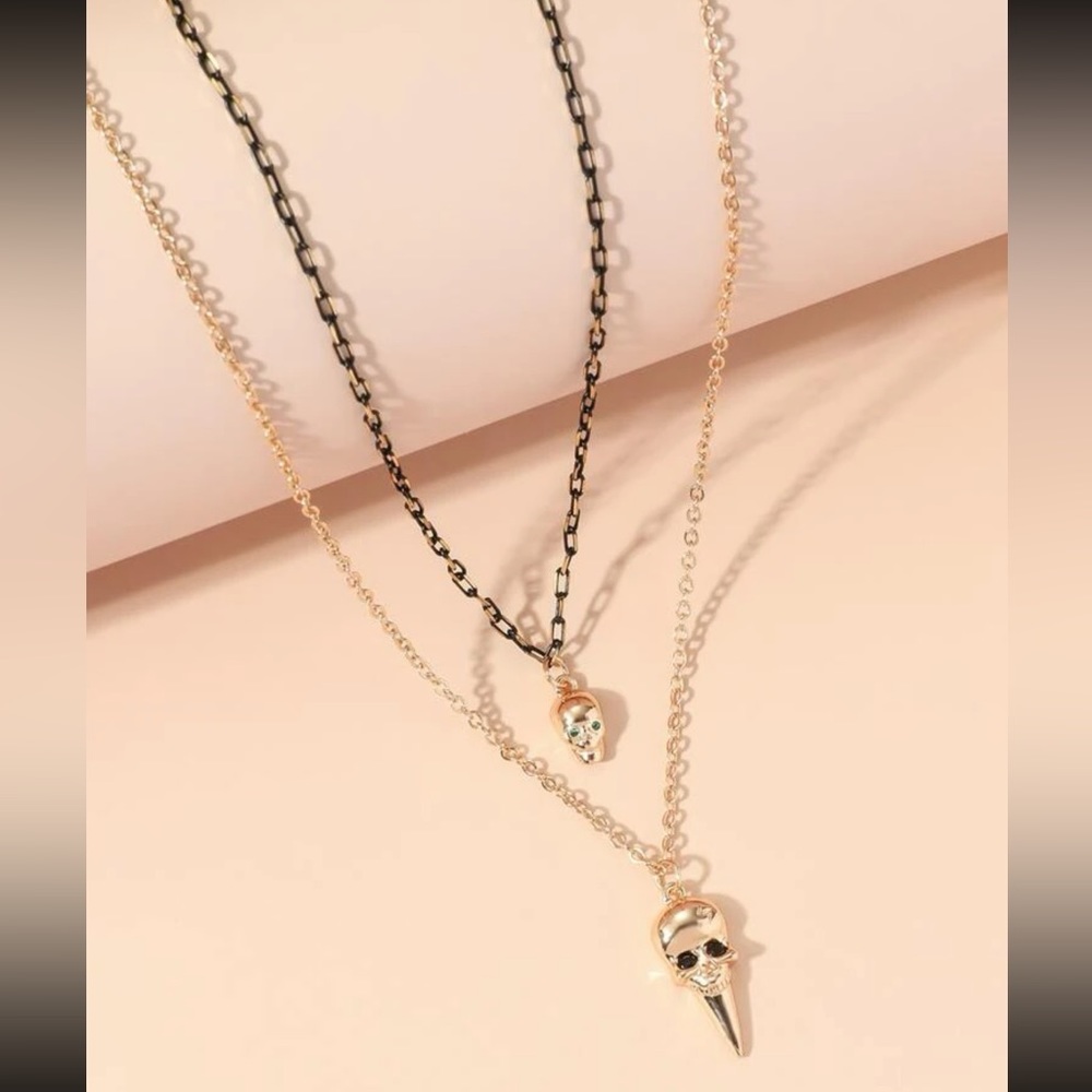 💀 Awesome 2 Piece Skeleton Skull Layering Necklace Set 💀